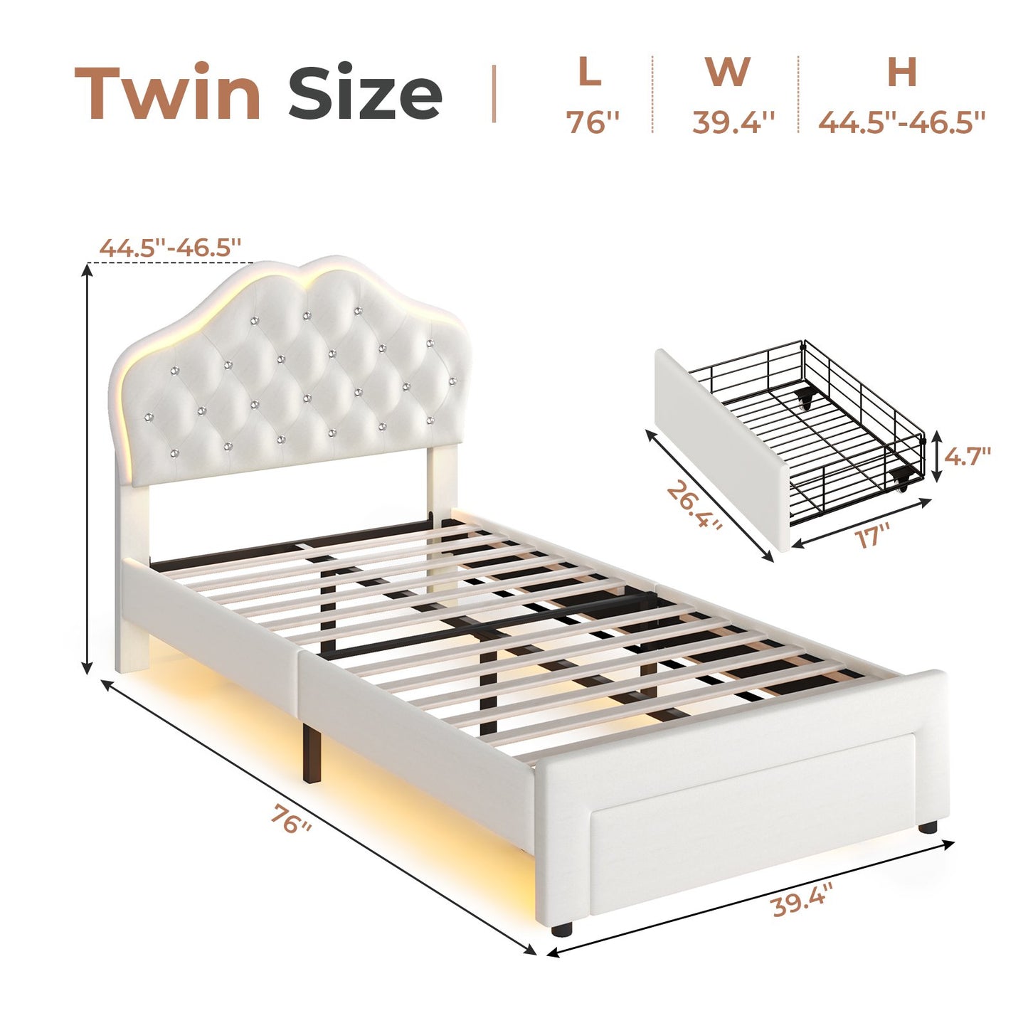 ADORNEVE LED Bed Frame Twin Size with Storage Drawer and  Adjustable Crystal Button Headboard Girls Velvet Princess Platform Bed with Solid Wooden Slats