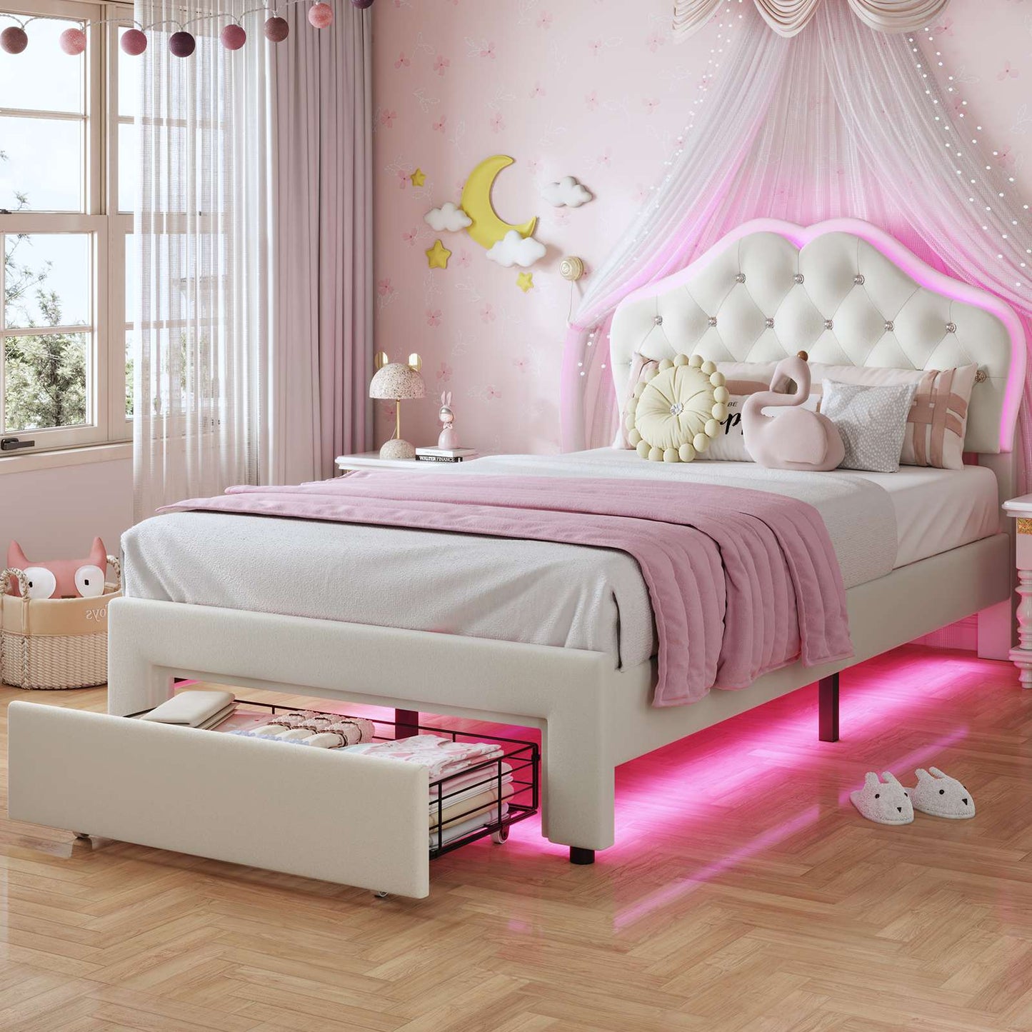 ADORNEVE LED Bed Frame Twin Size with Storage Drawer and  Adjustable Crystal Button Headboard Girls Velvet Princess Platform Bed with Solid Wooden Slats