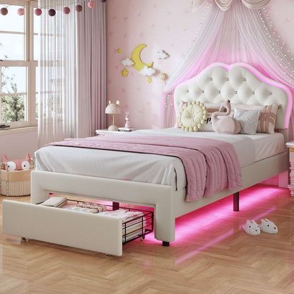 ADORNEVE LED Bed Frame Twin Size with Storage Drawer and  Adjustable Crystal Button Headboard Girls Velvet Princess Platform Bed with Solid Wooden Slats
