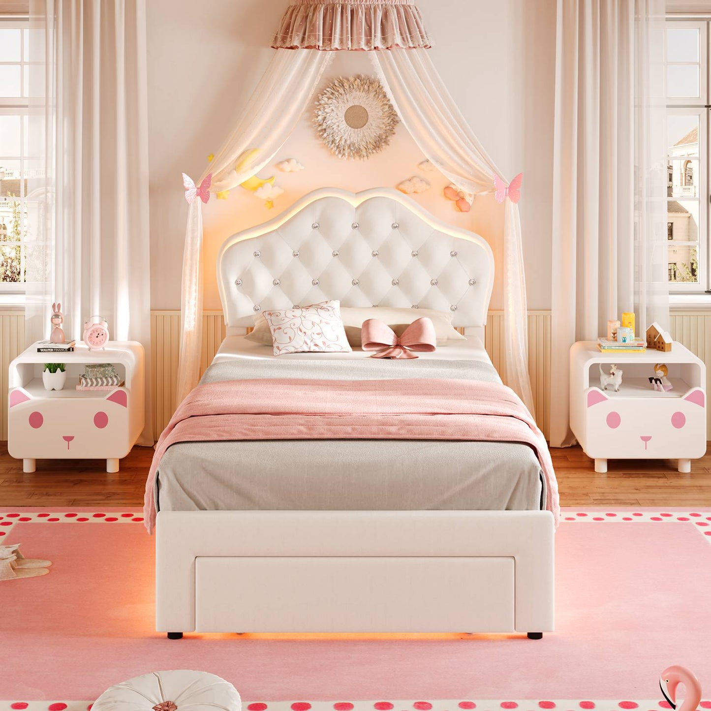 ADORNEVE LED Bed Frame Twin Size with Storage Drawer and  Adjustable Crystal Button Headboard Girls Velvet Princess Platform Bed with Solid Wooden Slats