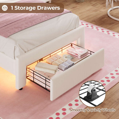 ADORNEVE LED Bed Frame Twin Size with Storage Drawer and  Adjustable Crystal Button Headboard Girls Velvet Princess Platform Bed with Solid Wooden Slats