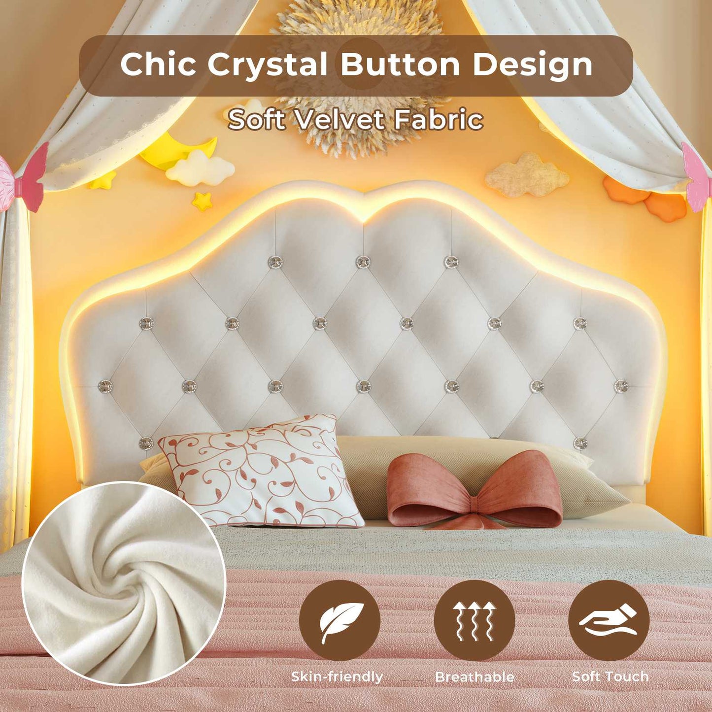 ADORNEVE LED Bed Frame Twin Size with Storage Drawer and  Adjustable Crystal Button Headboard Girls Velvet Princess Platform Bed with Solid Wooden Slats