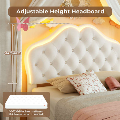 ADORNEVE LED Bed Frame Twin Size with Storage Drawer and  Adjustable Crystal Button Headboard Girls Velvet Princess Platform Bed with Solid Wooden Slats