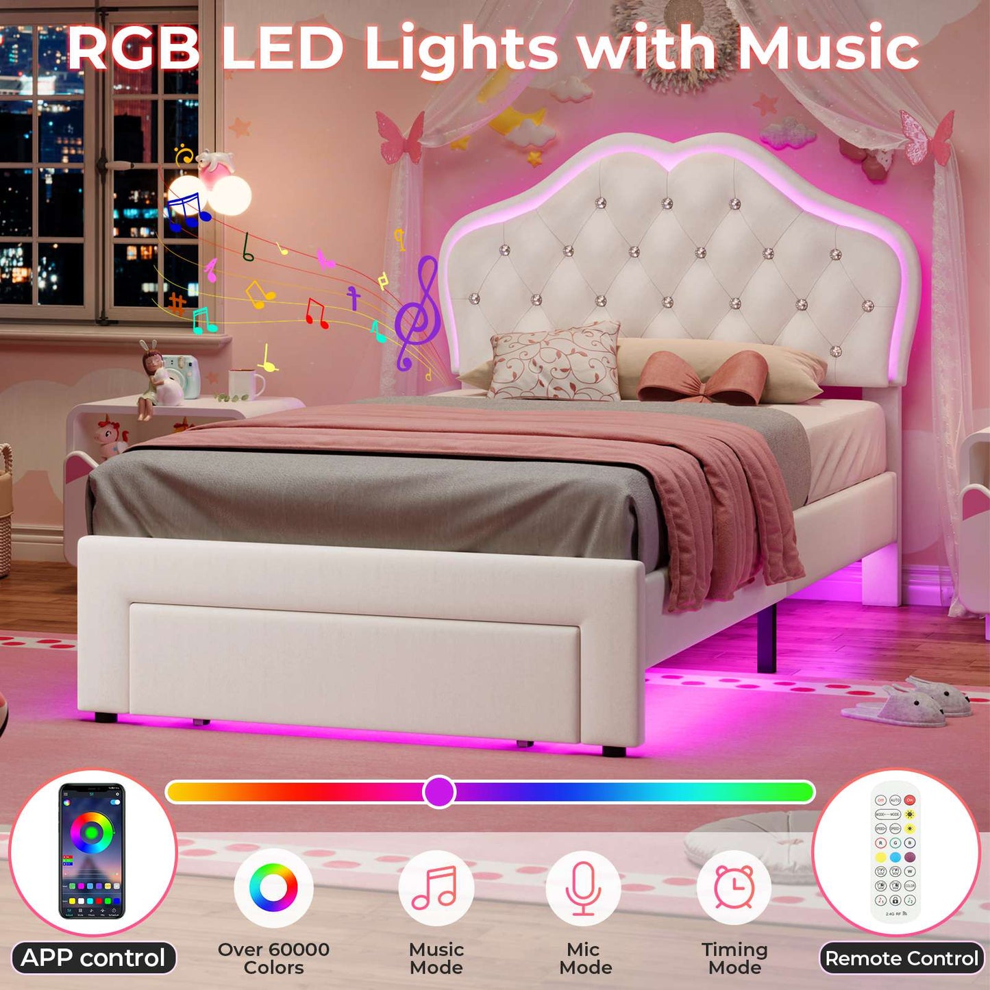 ADORNEVE LED Bed Frame Twin Size with Storage Drawer and  Adjustable Crystal Button Headboard Girls Velvet Princess Platform Bed with Solid Wooden Slats