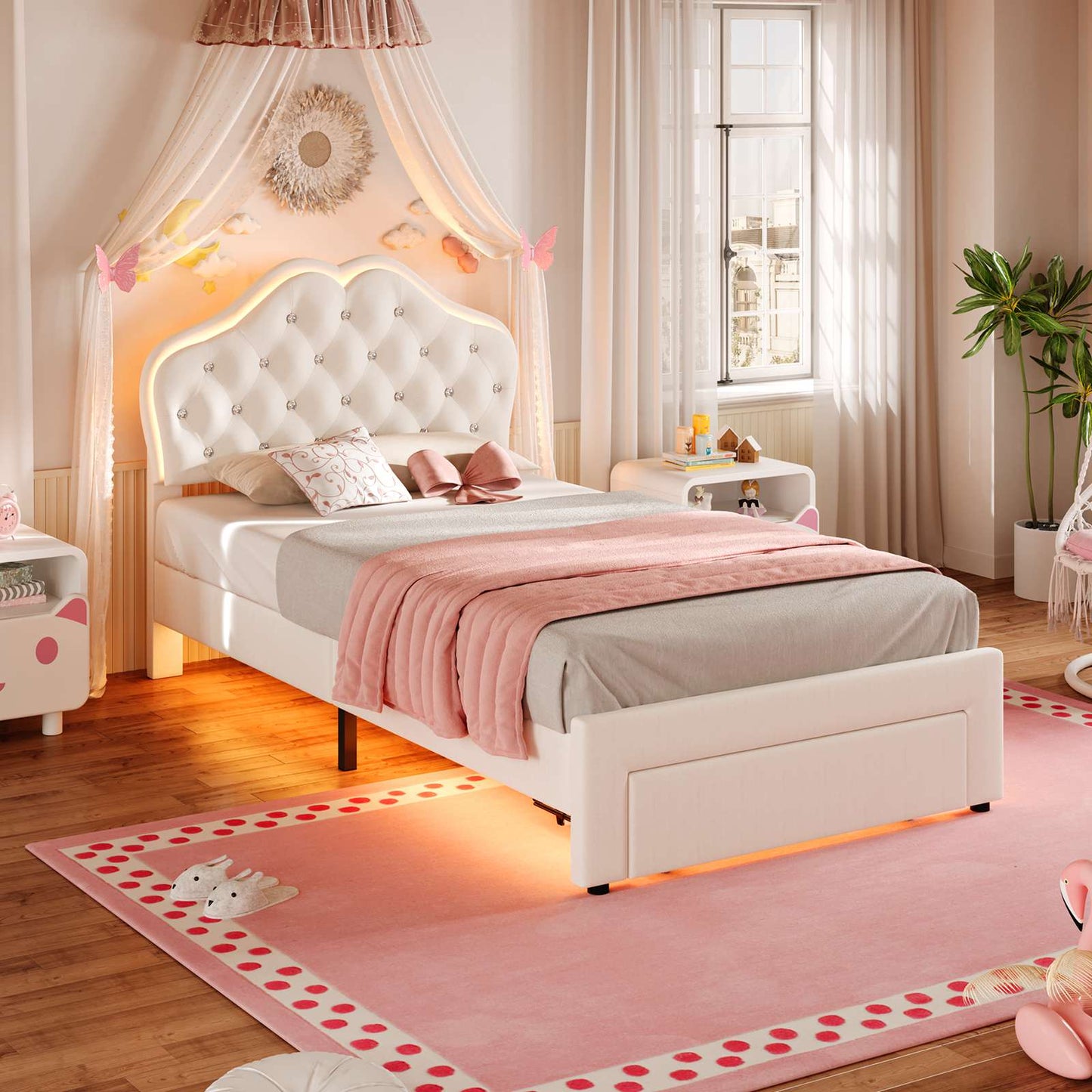 ADORNEVE LED Bed Frame Twin Size with Storage Drawer and  Adjustable Crystal Button Headboard Girls Velvet Princess Platform Bed with Solid Wooden Slats