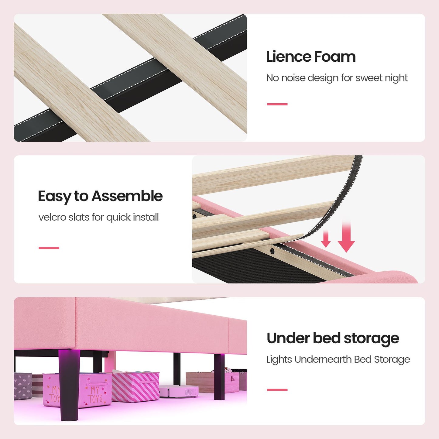 ADORNEVE Bed Frames Twin Size with LED Lights and Adjustable Chic Double Shell Headboard Girl Bed Velvet Upholstered Platform Bed with Princess Crown