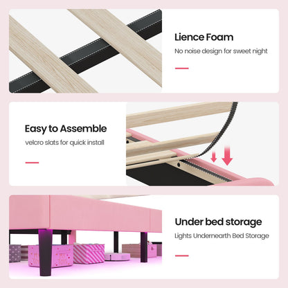 ADORNEVE Bed Frames Twin Size with LED Lights and Adjustable Chic Double Shell Headboard Girl Bed Velvet Upholstered Platform Bed with Princess Crown