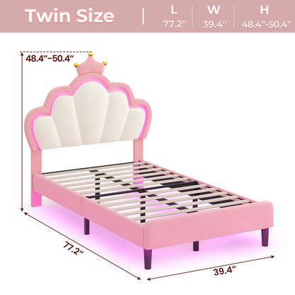 ADORNEVE Bed Frames Twin Size with LED Lights and Adjustable Chic Double Shell Headboard Girl Bed Velvet Upholstered Platform Bed with Princess Crown