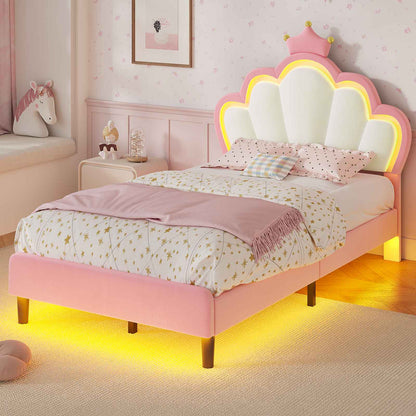 ADORNEVE Bed Frames Twin Size with LED Lights and Adjustable Chic Double Shell Headboard Girl Bed Velvet Upholstered Platform Bed with Princess Crown