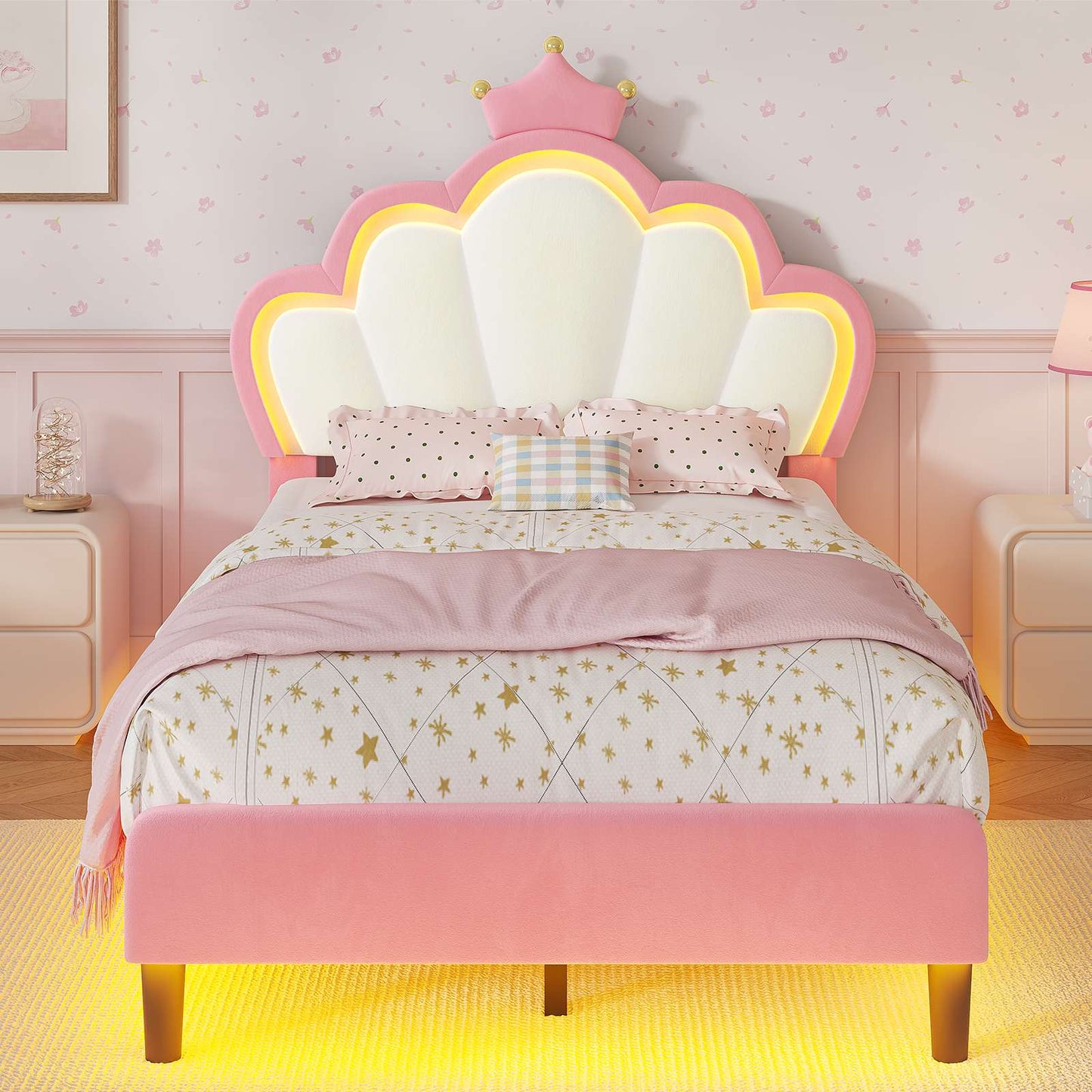 ADORNEVE Bed Frames Twin Size with LED Lights and Adjustable Chic Double Shell Headboard Girl Bed Velvet Upholstered Platform Bed with Princess Crown