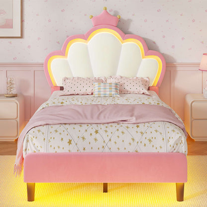ADORNEVE Bed Frames Twin Size with LED Lights and Adjustable Chic Double Shell Headboard Girl Bed Velvet Upholstered Platform Bed with Princess Crown