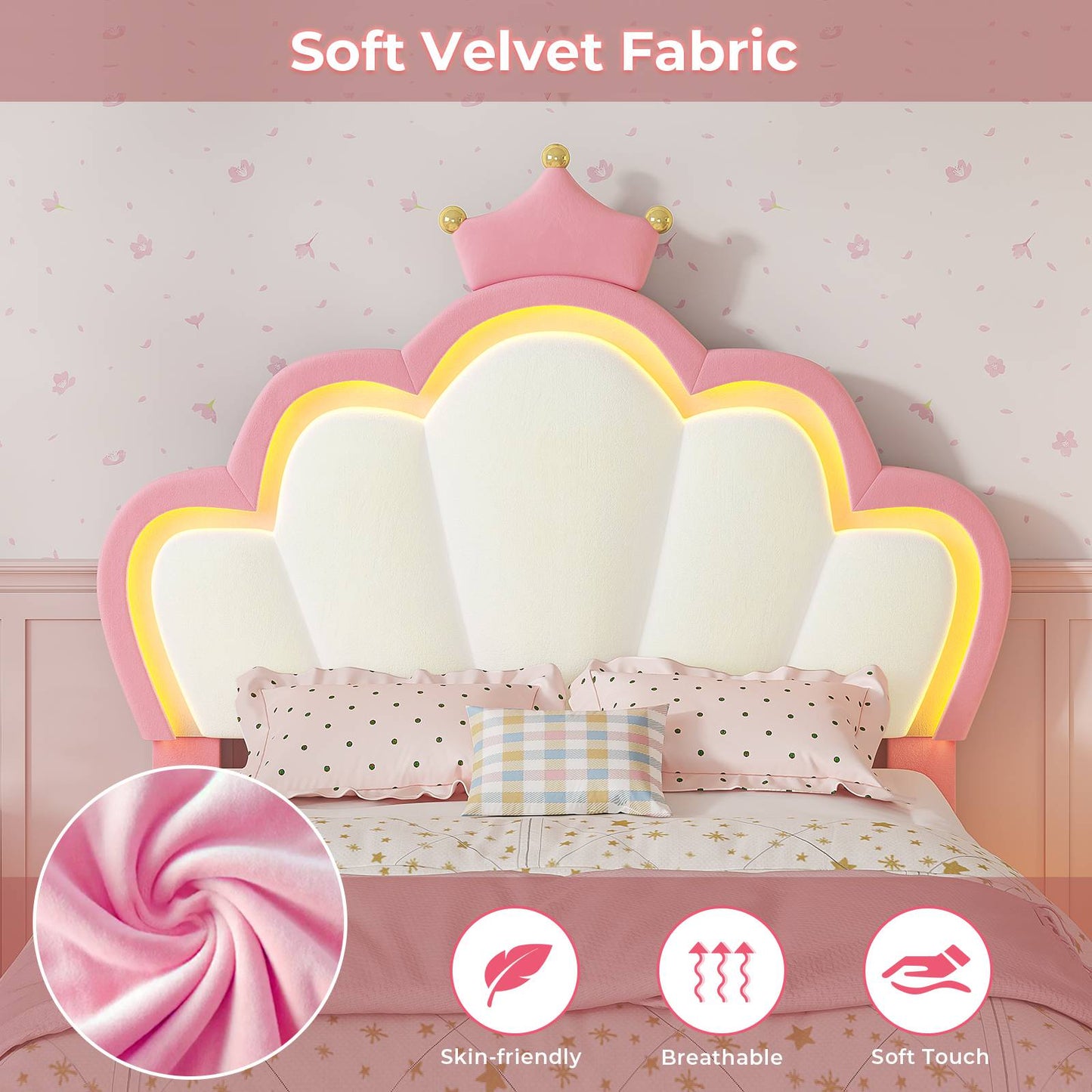 ADORNEVE Bed Frames Twin Size with LED Lights and Adjustable Chic Double Shell Headboard Girl Bed Velvet Upholstered Platform Bed with Princess Crown