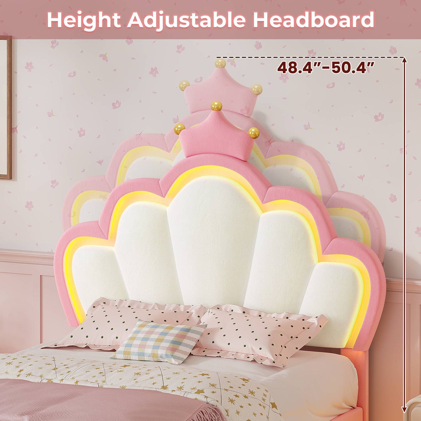 ADORNEVE Bed Frames Twin Size with LED Lights and Adjustable Chic Double Shell Headboard Girl Bed Velvet Upholstered Platform Bed with Princess Crown