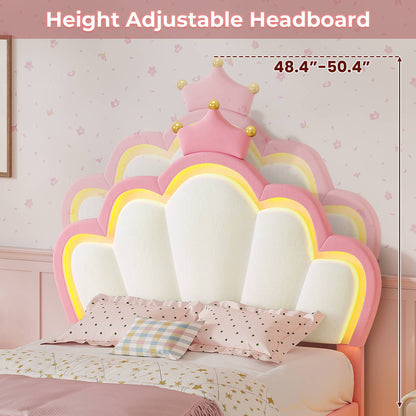 ADORNEVE Bed Frames Twin Size with LED Lights and Adjustable Chic Double Shell Headboard Girl Bed Velvet Upholstered Platform Bed with Princess Crown