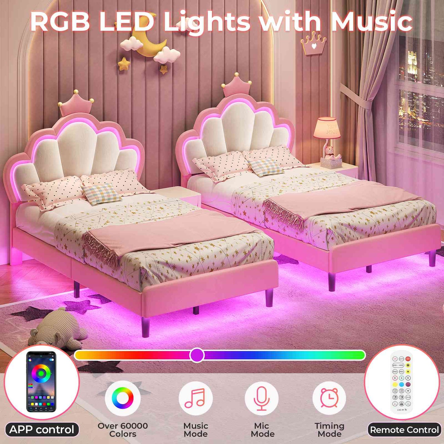 ADORNEVE Bed Frames Twin Size with LED Lights and Adjustable Chic Double Shell Headboard Girl Bed Velvet Upholstered Platform Bed with Princess Crown