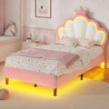 ADORNEVE Bed Frames Twin Size with LED Lights and Adjustable Chic Double Shell Headboard Girl Bed Velvet Upholstered Platform Bed with Princess Crown