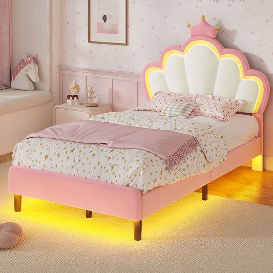 ADORNEVE Bed Frames Twin Size with LED Lights and Adjustable Chic Double Shell Headboard Girl Bed Velvet Upholstered Platform Bed with Princess Crown