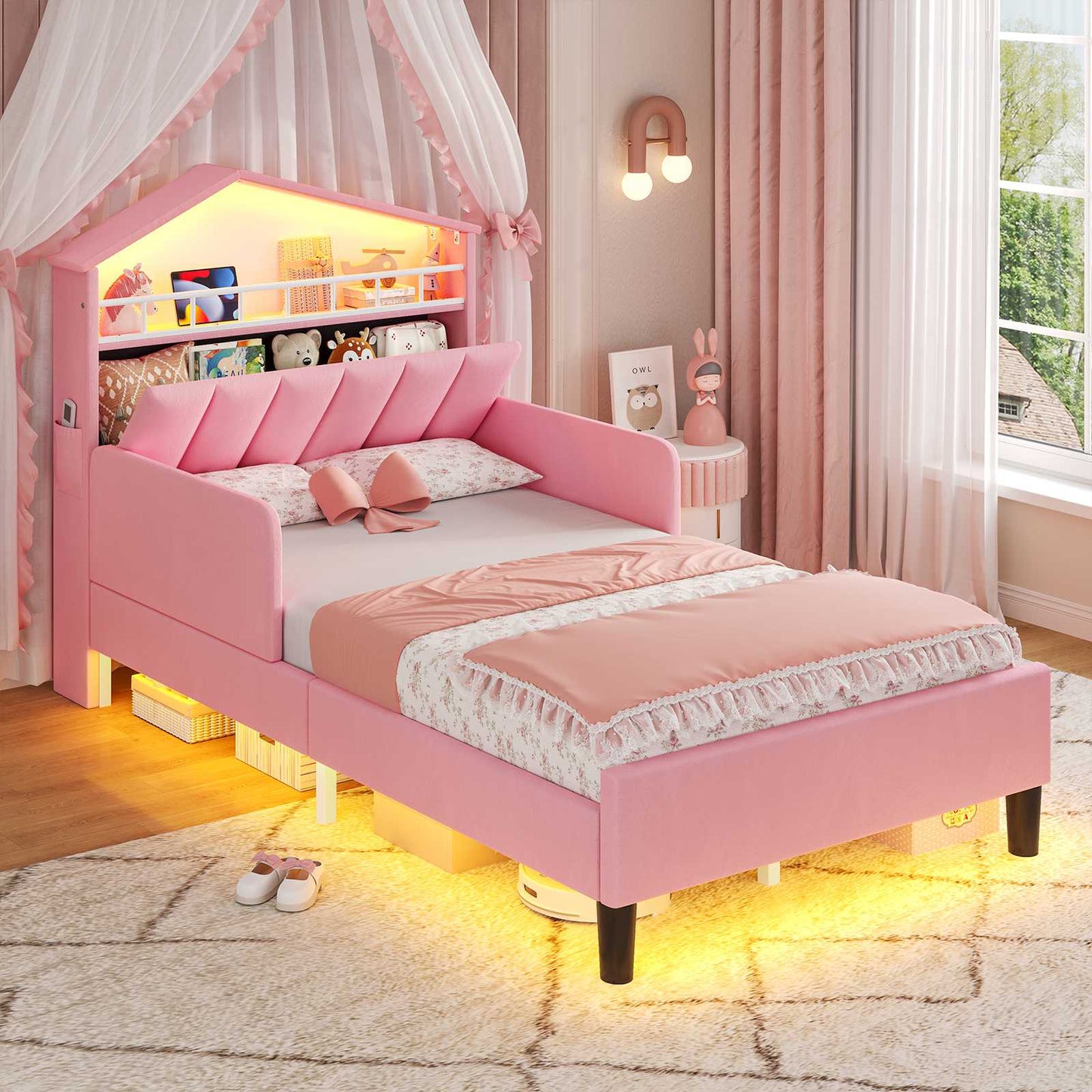ADORNEVE Bed Frame Twin Size with Charging Station and Hidden Storage LED Girls Velvet Upholstered Platform Bed with Safety Guardrail