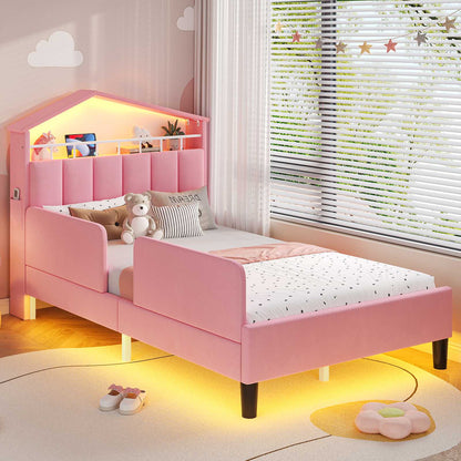 ADORNEVE Bed Frame Twin Size with Charging Station and Hidden Storage LED Girls Velvet Upholstered Platform Bed with Safety Guardrail