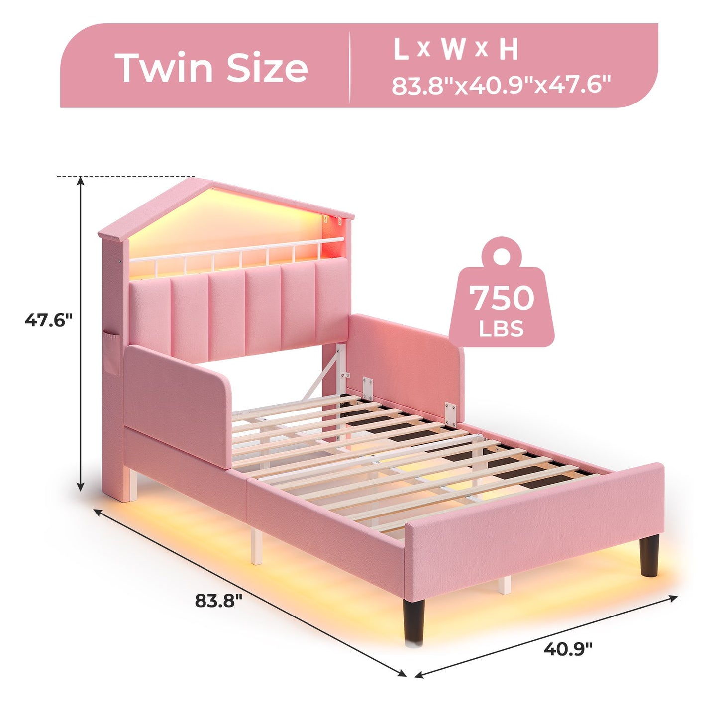 ADORNEVE Bed Frame Twin Size with Charging Station and Hidden Storage LED Girls Velvet Upholstered Platform Bed with Safety Guardrail