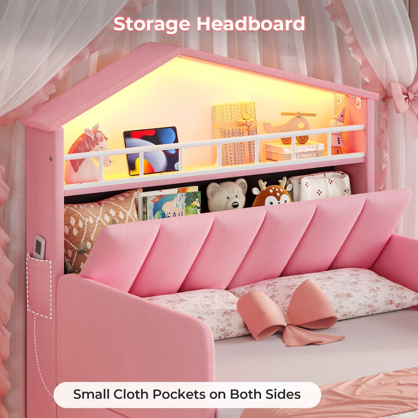 ADORNEVE Bed Frame Twin Size with Charging Station and Hidden Storage LED Girls Velvet Upholstered Platform Bed with Safety Guardrail