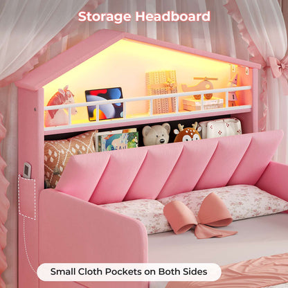 ADORNEVE Bed Frame Twin Size with Charging Station and Hidden Storage LED Girls Velvet Upholstered Platform Bed with Safety Guardrail