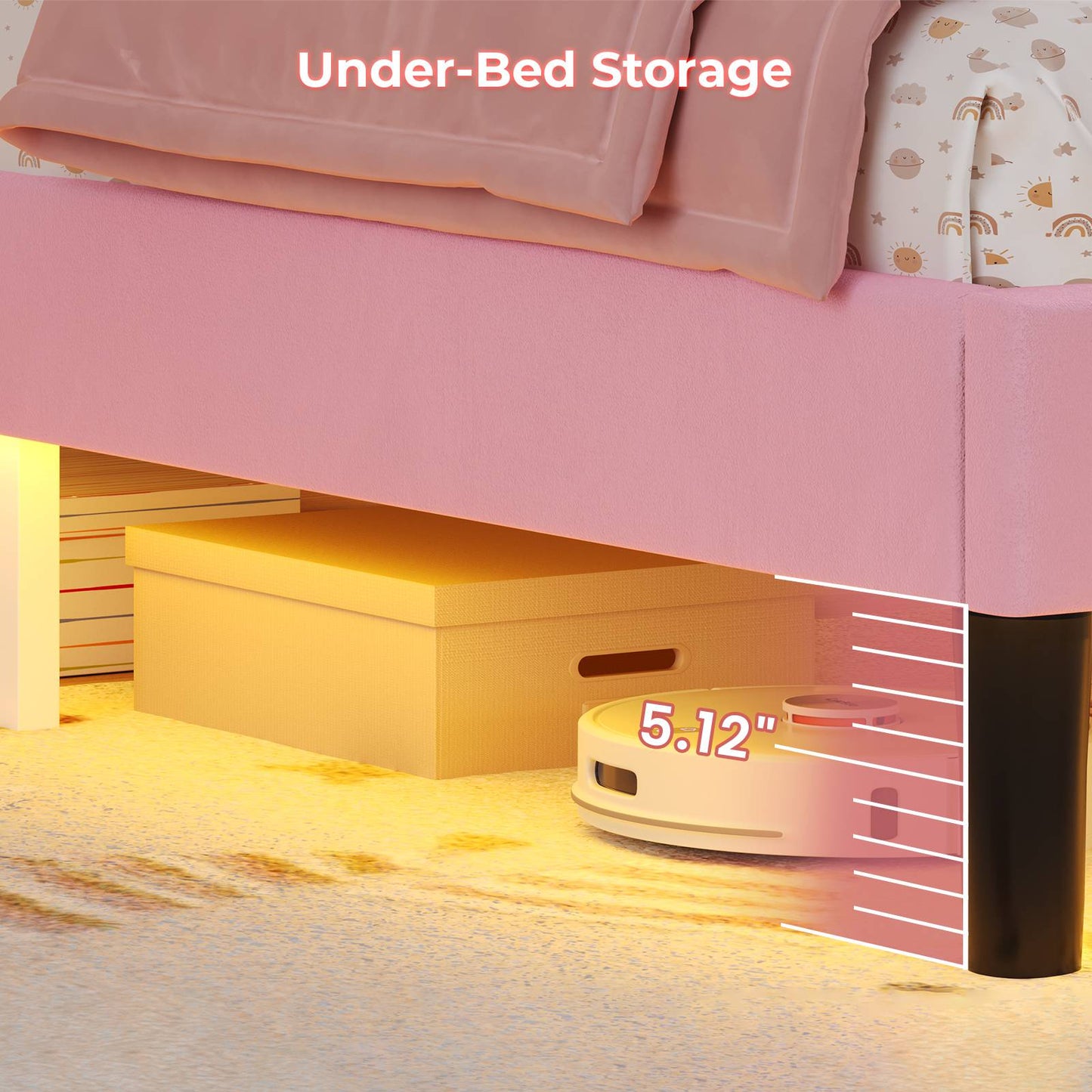 ADORNEVE Bed Frame Twin Size with Charging Station and Hidden Storage LED Girls Velvet Upholstered Platform Bed with Safety Guardrail