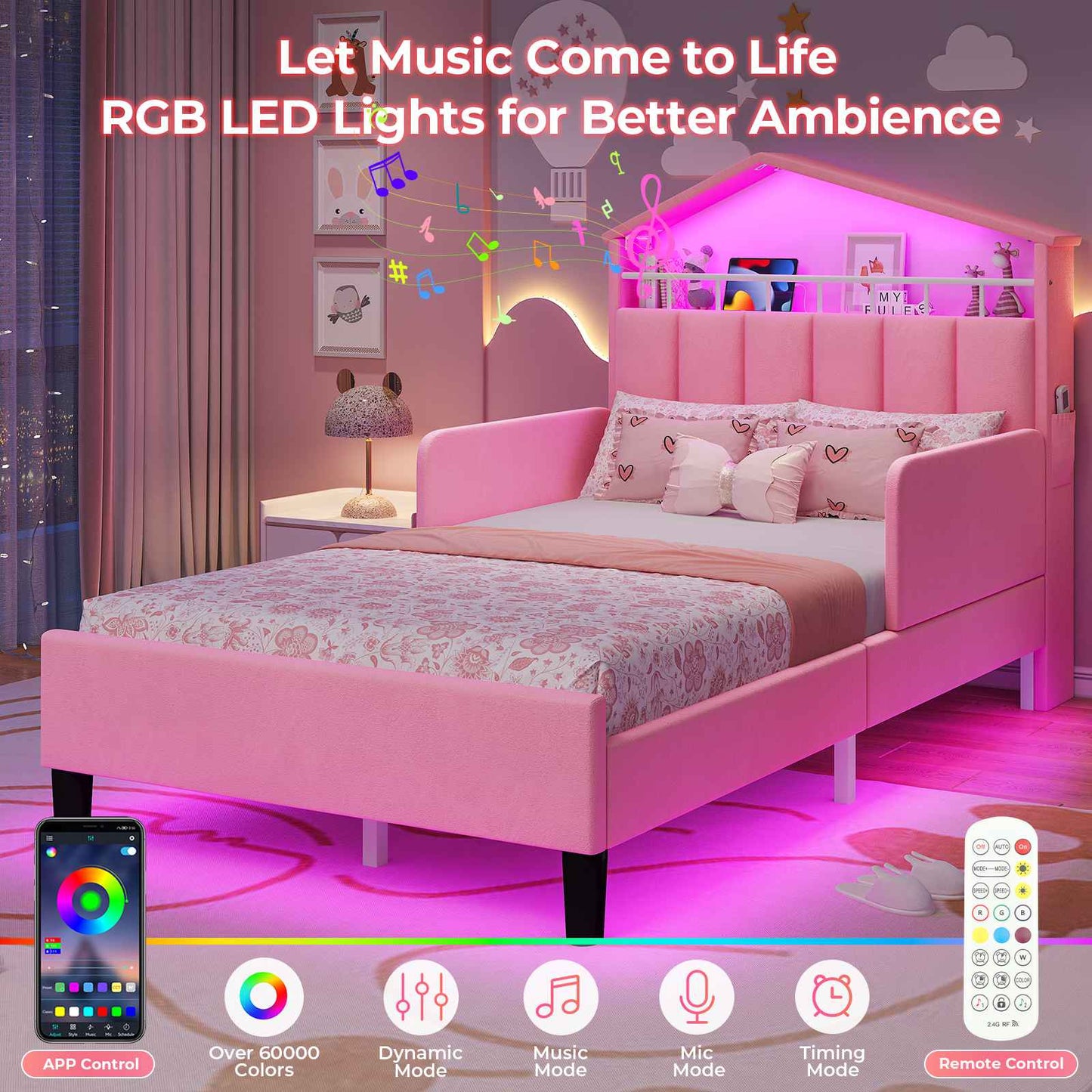 ADORNEVE Bed Frame Twin Size with Charging Station and Hidden Storage LED Girls Velvet Upholstered Platform Bed with Safety Guardrail