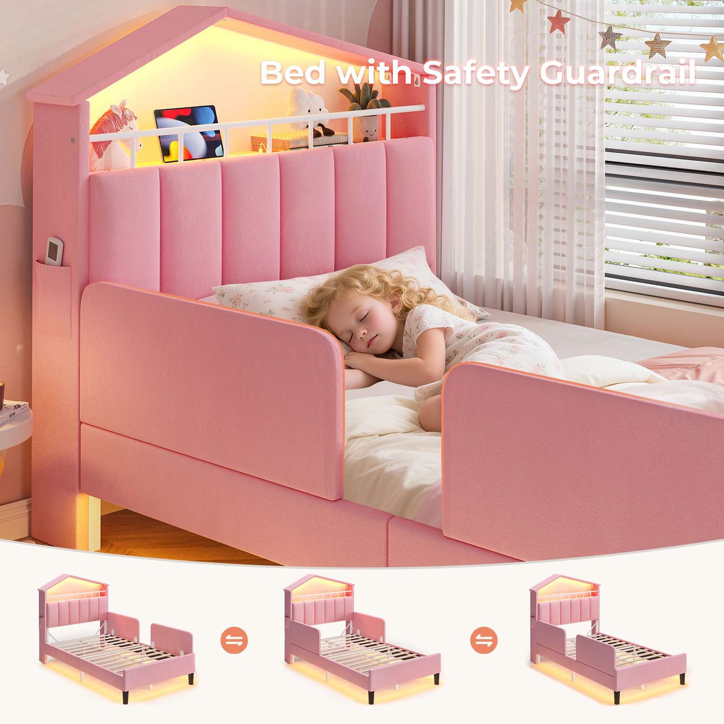 ADORNEVE Bed Frame Twin Size with Charging Station and Hidden Storage LED Girls Velvet Upholstered Platform Bed with Safety Guardrail
