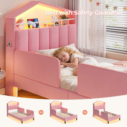 ADORNEVE Bed Frame Twin Size with Charging Station and Hidden Storage LED Girls Velvet Upholstered Platform Bed with Safety Guardrail