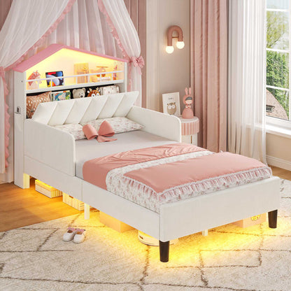 ADORNEVE Bed Frame Twin Size with Charging Station and Hidden Storage LED Girls Velvet Upholstered Platform Bed with Safety Guardrail