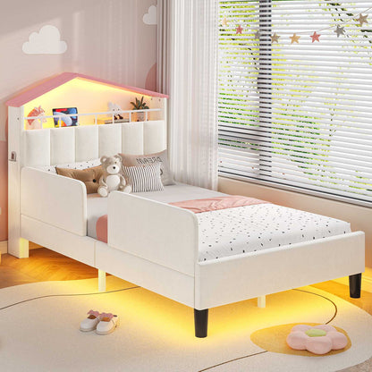 ADORNEVE Bed Frame Twin Size with Charging Station and Hidden Storage LED Girls Velvet Upholstered Platform Bed with Safety Guardrail