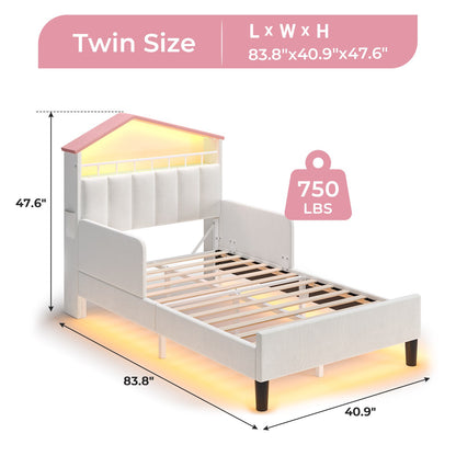 ADORNEVE Bed Frame Twin Size with Charging Station and Hidden Storage LED Girls Velvet Upholstered Platform Bed with Safety Guardrail