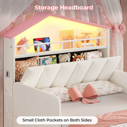 ADORNEVE Bed Frame Twin Size with Charging Station and Hidden Storage LED Girls Velvet Upholstered Platform Bed with Safety Guardrail