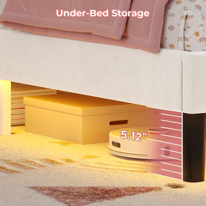 ADORNEVE Bed Frame Twin Size with Charging Station and Hidden Storage LED Girls Velvet Upholstered Platform Bed with Safety Guardrail
