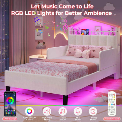 ADORNEVE Bed Frame Twin Size with Charging Station and Hidden Storage LED Girls Velvet Upholstered Platform Bed with Safety Guardrail