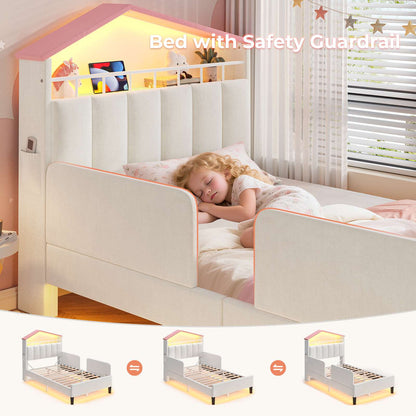 ADORNEVE Bed Frame Twin Size with Charging Station and Hidden Storage LED Girls Velvet Upholstered Platform Bed with Safety Guardrail