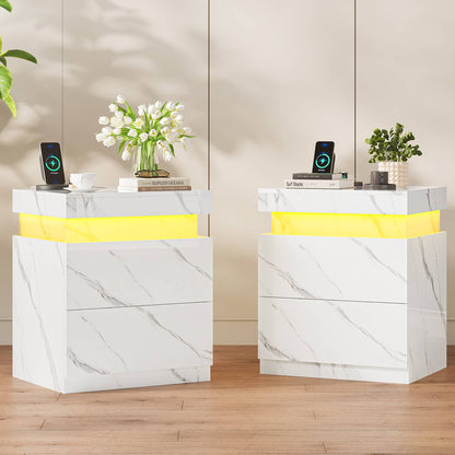 ADORNEVE Nightstand with Charging Station and LED Lights Bedroom Bedside Table with Sliding Top and Drawers Bedroom