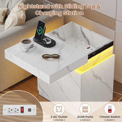 ADORNEVE Nightstand with Charging Station and LED Lights Bedroom Bedside Table with Sliding Top and Drawers Bedroom