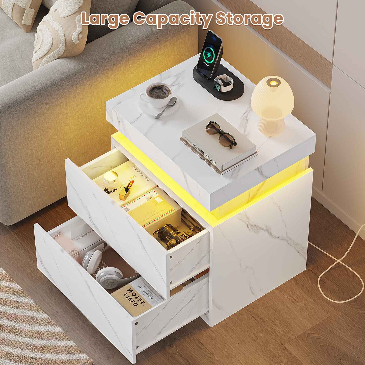 ADORNEVE Nightstand with Charging Station and LED Lights Bedroom Bedside Table with Sliding Top and Drawers Bedroom