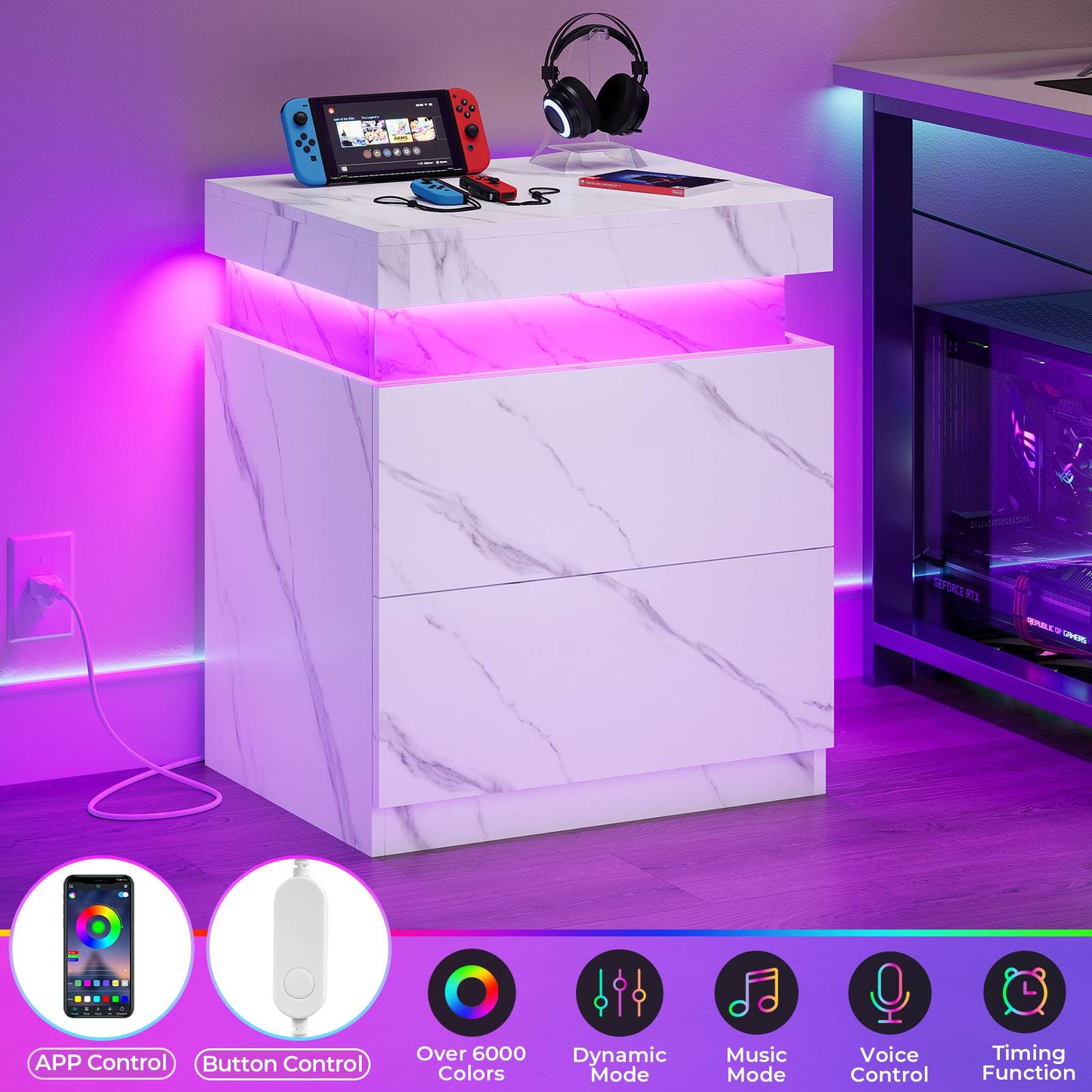 ADORNEVE Nightstand with Charging Station and LED Lights Bedroom Bedside Table with Sliding Top and Drawers Bedroom
