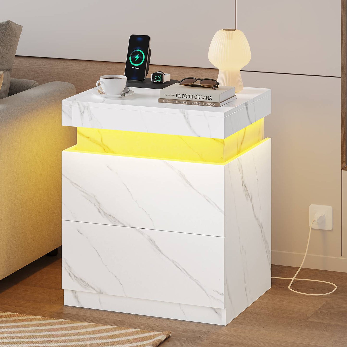 ADORNEVE Nightstand with Charging Station and LED Lights Bedroom Bedside Table with Sliding Top and Drawers Bedroom