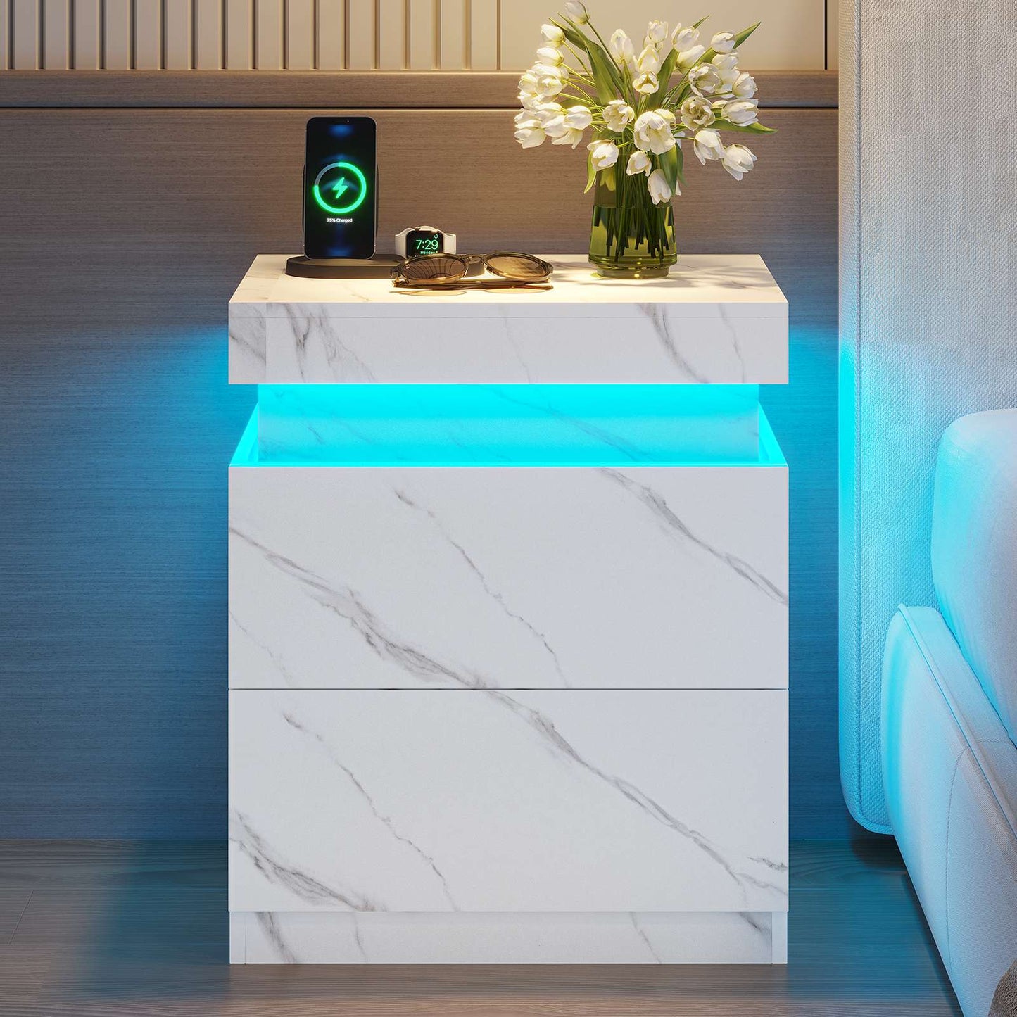 ADORNEVE Nightstand with Charging Station and LED Lights Bedroom Bedside Table with Sliding Top and Drawers Bedroom