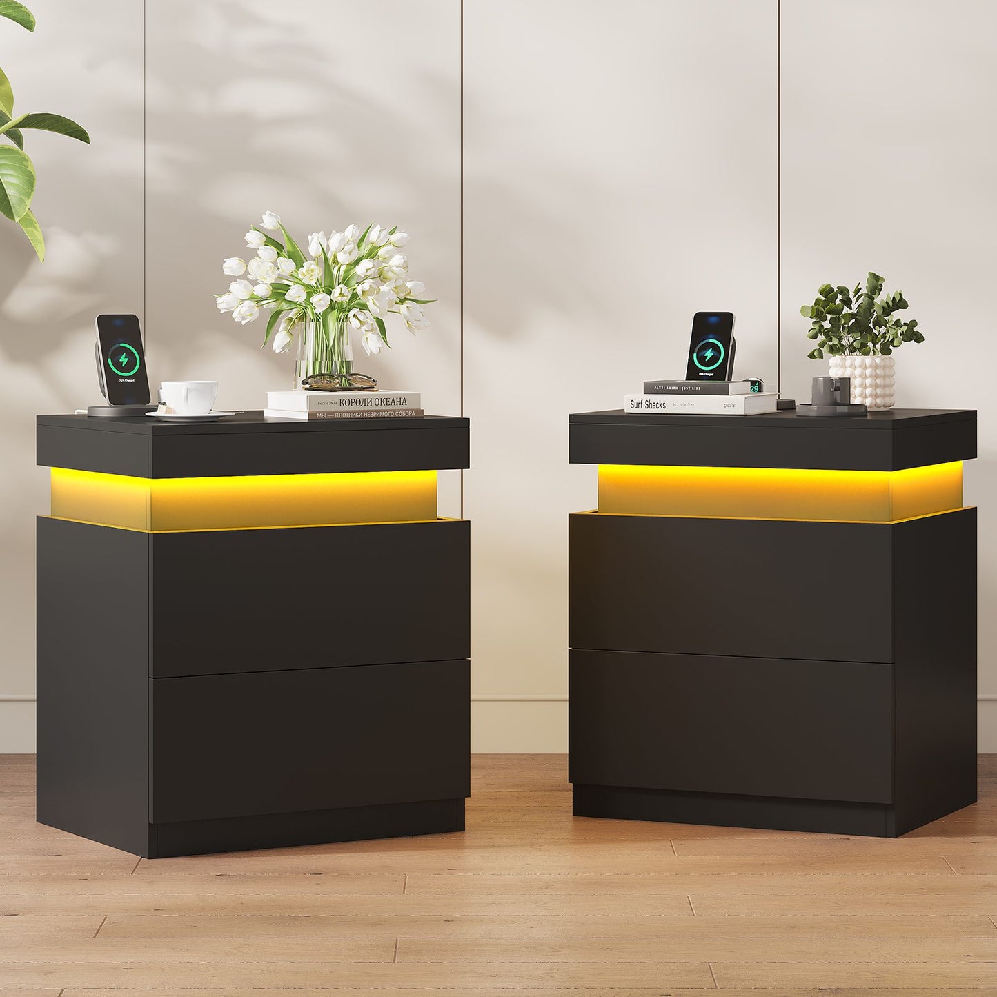 ADORNEVE Nightstand with Charging Station and LED Lights Bedroom Bedside Table with Sliding Top and Drawers Bedroom