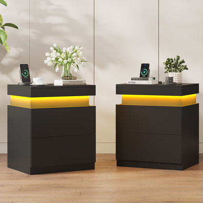 ADORNEVE Nightstand with Charging Station and LED Lights Bedroom Bedside Table with Sliding Top and Drawers Bedroom