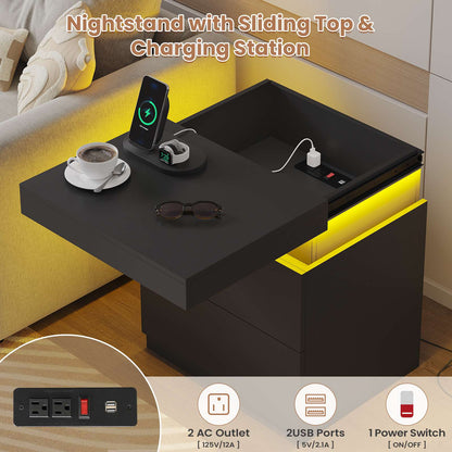 ADORNEVE Nightstand with Charging Station and LED Lights Bedroom Bedside Table with Sliding Top and Drawers Bedroom