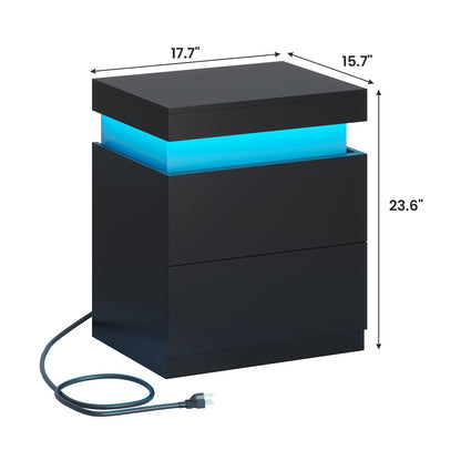 ADORNEVE Nightstand with Charging Station and LED Lights Bedroom Bedside Table with Sliding Top and Drawers Bedroom