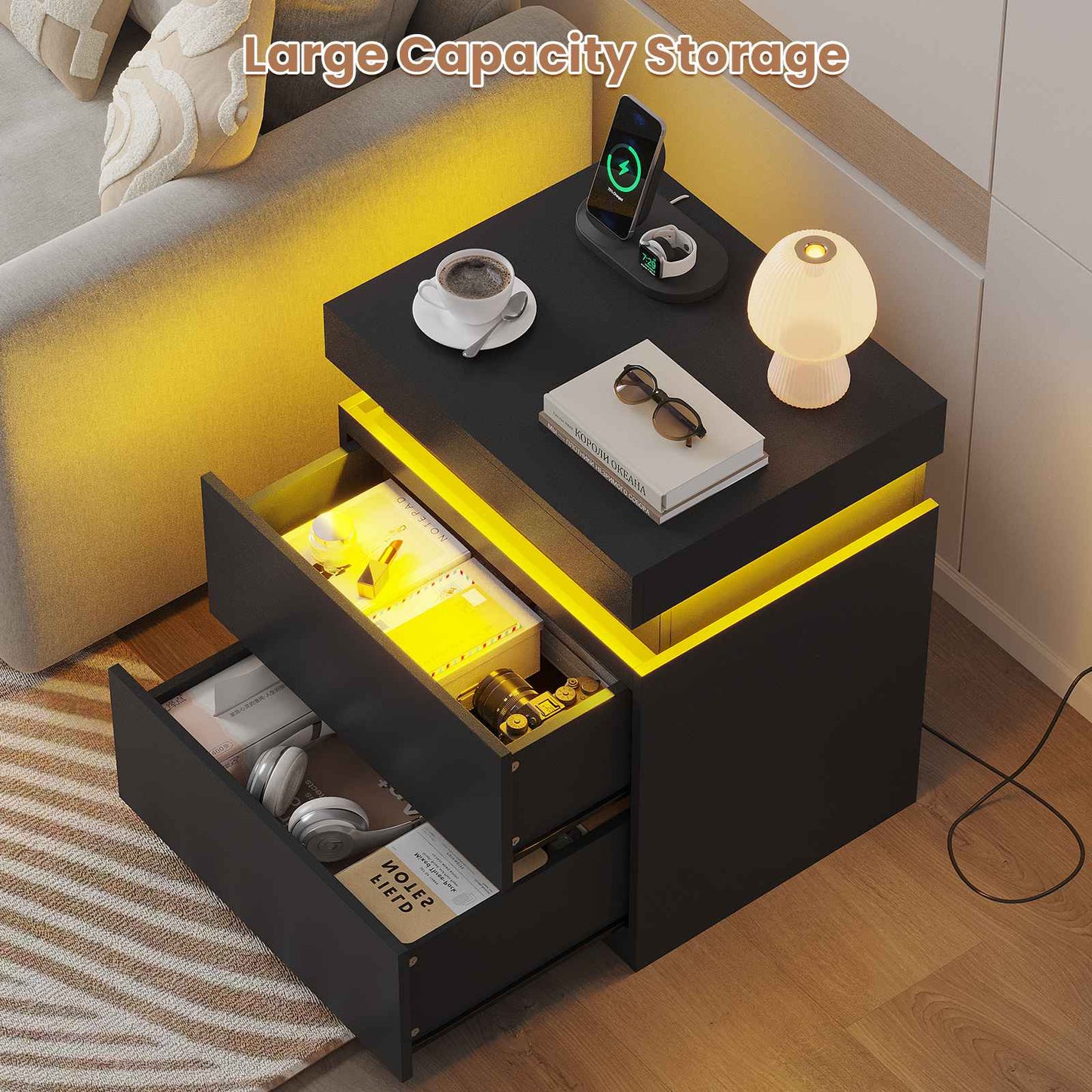 ADORNEVE Nightstand with Charging Station and LED Lights Bedroom Bedside Table with Sliding Top and Drawers Bedroom