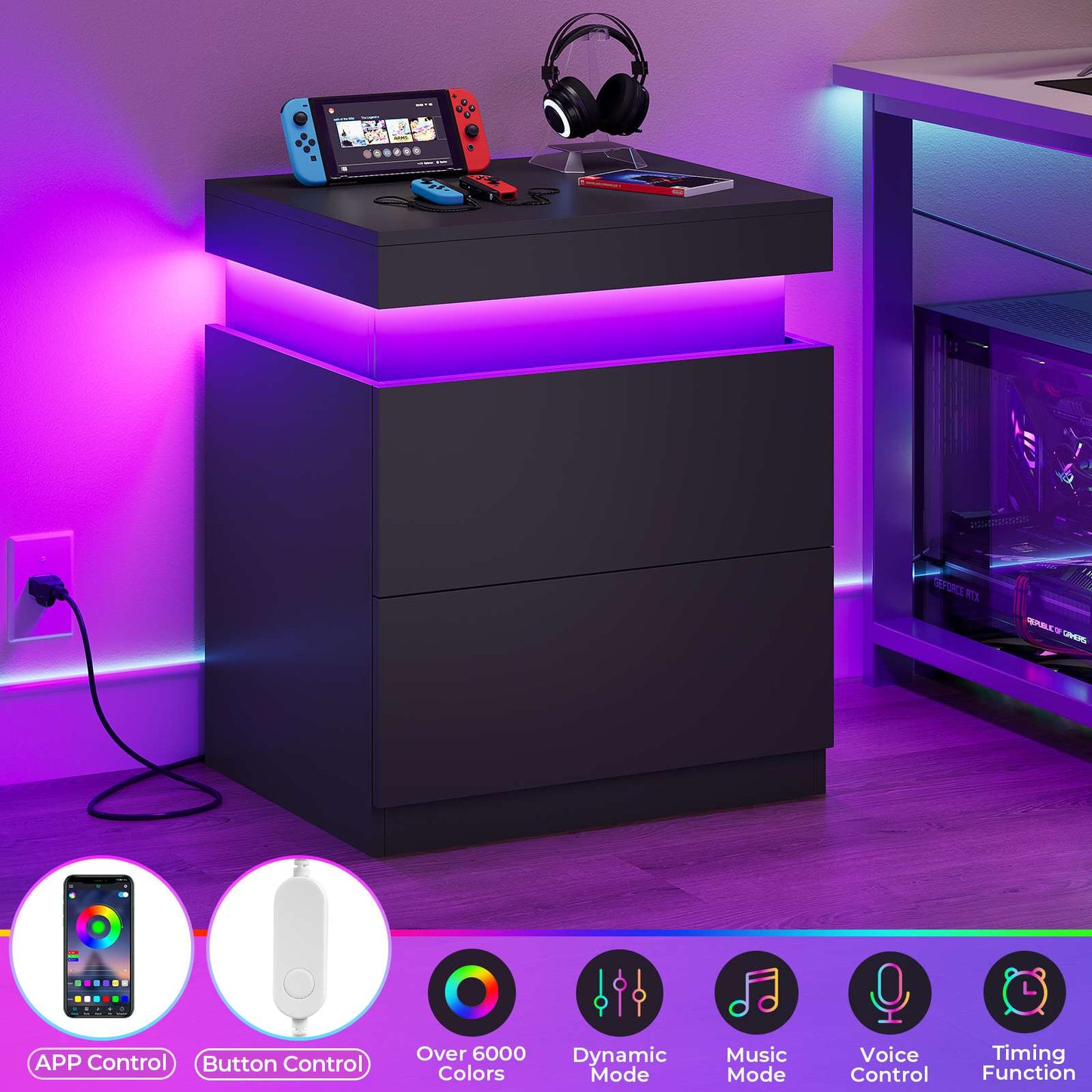 ADORNEVE Nightstand with Charging Station and LED Lights Bedroom Bedside Table with Sliding Top and Drawers Bedroom