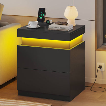ADORNEVE Nightstand with Charging Station and LED Lights Bedroom Bedside Table with Sliding Top and Drawers Bedroom